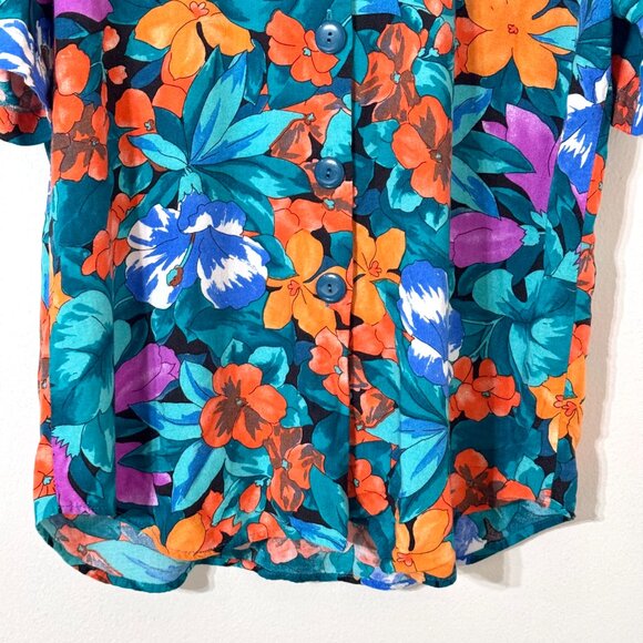 Vtg Cabrais Womens Tropical Hawaiian Shirt Rayon Button Floral Teal Hibiscus - Picture 4 of 11